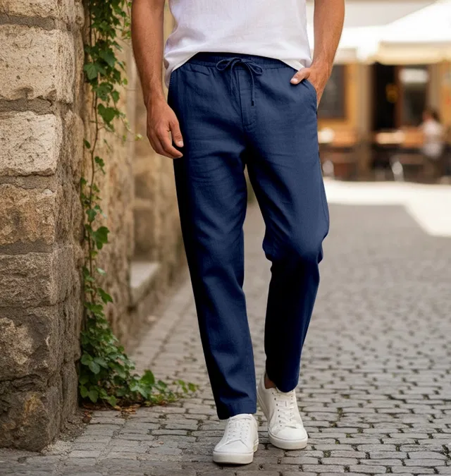 Linen Trousers for Men (Blue, 32)