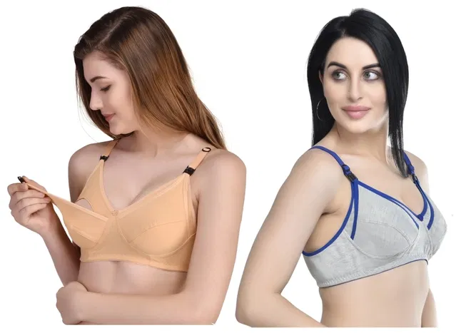 Cotton Blend Solid Non Padded Feeding Bras for Women (Multicolor, 40) (Pack of 2)