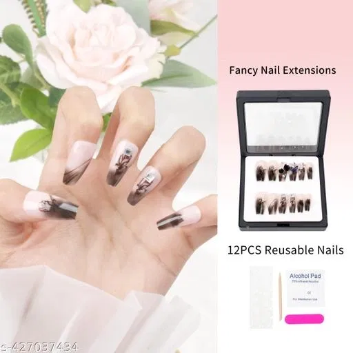 Kamz's Fake Nails Nail Extension Kit - Quick Fix Press On Nails, Aesthetic Acrylic Stick on Nails, Reusable, 12pcs Nails Set for Girls & Kids