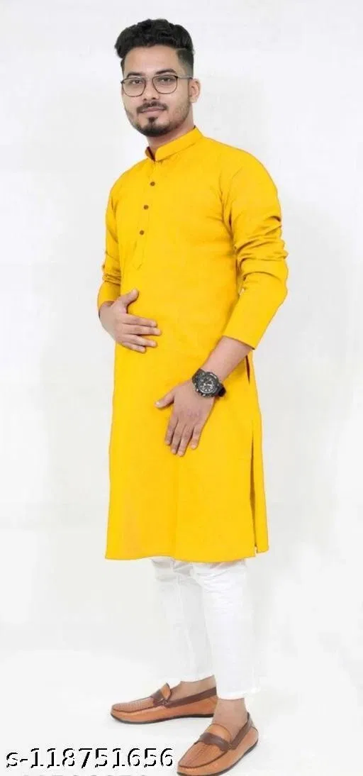 Mandarin Neck Kurta for Men (Yellow, L)
