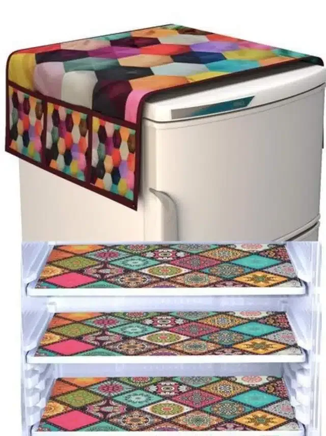 Knit Printed Fridge 3 Pcs Mat with Top Cover (Multicolor, Set of 1)