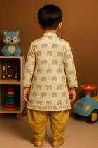Cotton Blend Printed Kurta with Dhoti for Boys, Brown & Golden 