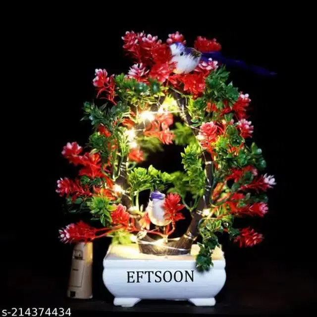 Artificial Bonsai Plant with Sparrow & Light (Red & Green)