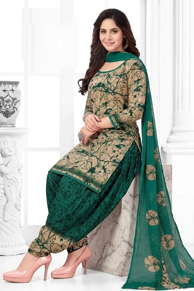 Crepe Floral Punjabi Suits for Women (Green, Green)