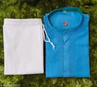 Cotton Solid Kurta Set for Men, White & Sky Blue 