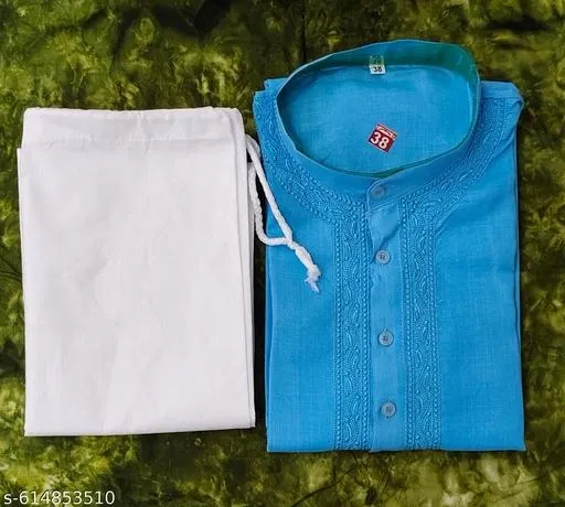 Cotton Solid Kurta Set for Men, White & Sky Blue (XXL)