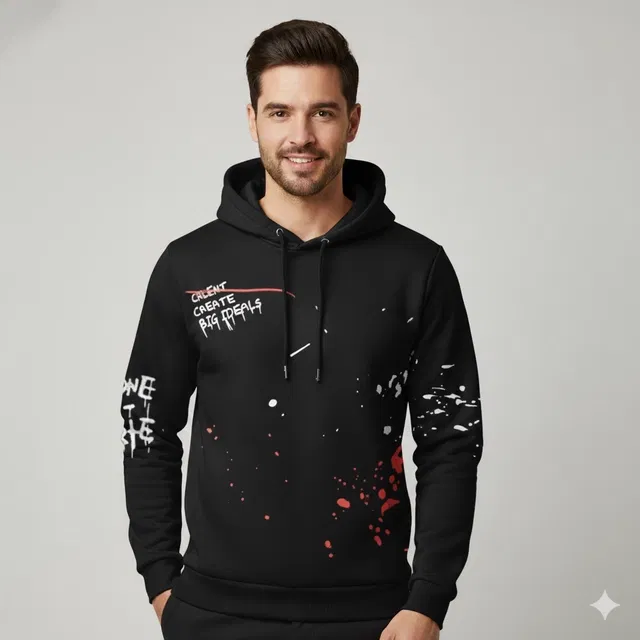 Fleece Printed Hoodie for Men, Black (M)