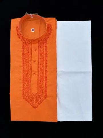 Cotton Embroidered Kurta with Pyjama for Men (Orange & White, L)