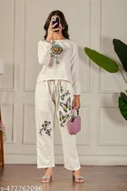 Cotton Blend Butterfly Print Top with Matching Pant Set for Women 
