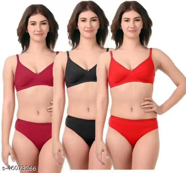 Cotton Blend Solid Lingerie Set for Women (Multicolor, 32A) (Pack of 3)