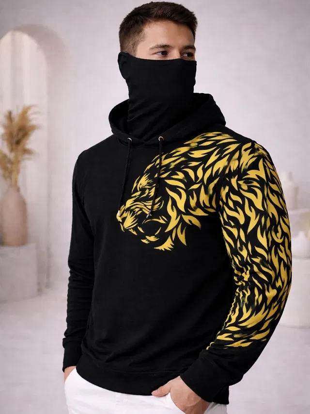 Hooded Printed Cotton Blend T-shirt for Men (Black, XXL)