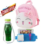 Combo of Fabric School Bag, Water Bottle with Lunch Box for Kids (Multicolor, Set of 3)