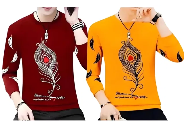 Round Neck Printed T-Shirt for Men (Maroon & Mustard, L) (Pack of 2)