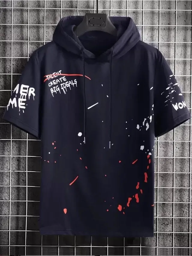 Half Sleeves Printed Hoodie for Men (Navy Blue, XL)