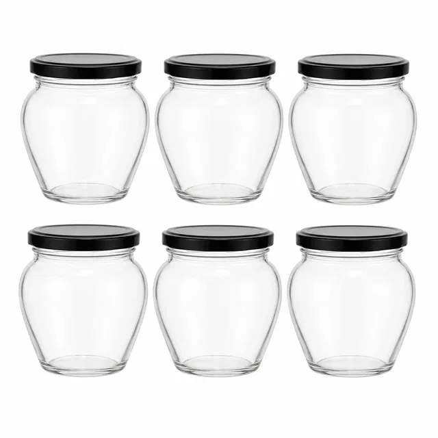 Afast Glass Kitchen Storage Container / Jar - 400 ml (Pack of 6, Black Lid)