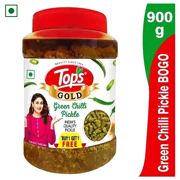 Tops Gold Green Chilli Pickle 2X900 g (Buy 1 Get 1 Free)