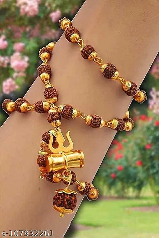 Rudraksha Mala with Golden Trident Damru Locket for Men (Gold)