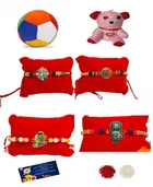 Combo of Metal 4 Pcs Rakhi with Ball, Teddy Bear, Greeting Card, Roli 
