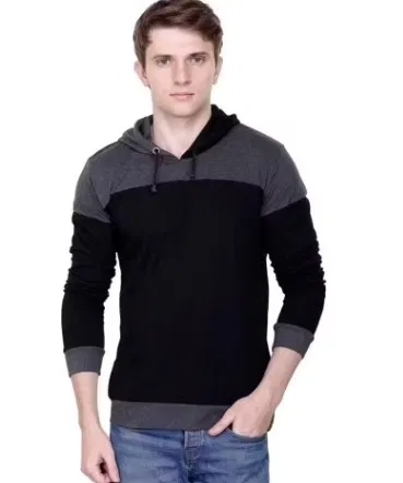 Colorblocked Full Sleeve Hooded T-Shirt for Men (Black, XL)