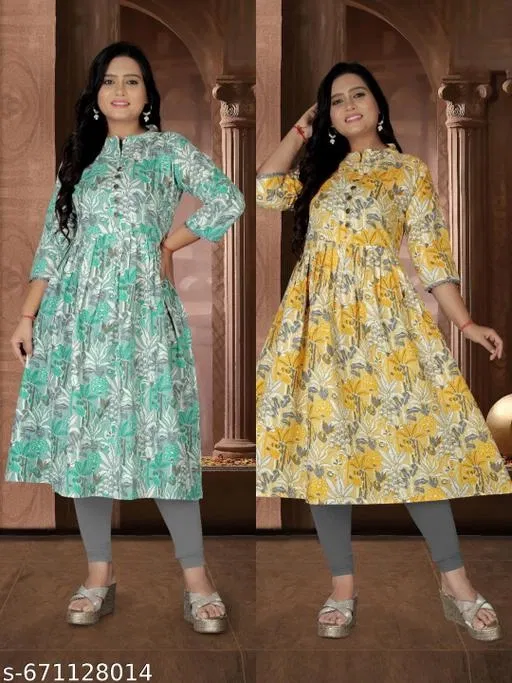 Floral Printed Cotton Kurti for Women, Pack of 2 (Green, XL)