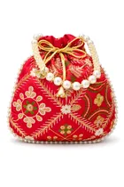 Handcrafted Embroidered Silk Potli Bag, Red