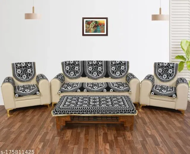 Polycotton 5 Seater Sofa Covers With Table Cover (Black, Set of 2)
