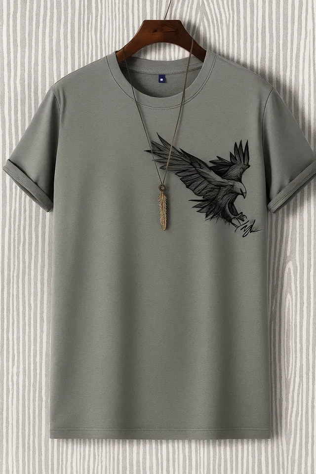 Round Neck Printed T-Shirt for Men (Grey, XL)