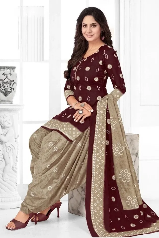 Punjabi Floral Unstitched Suit for Women (Maroon, Free size)