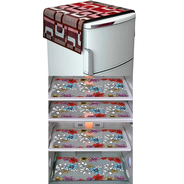 PVC Printed Refrigerator Top Cover & Mats (Multicolor, Set of 5)