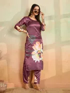 Cotton Blend Printed Kurti With Pant & Dupatta for Women, Purple 