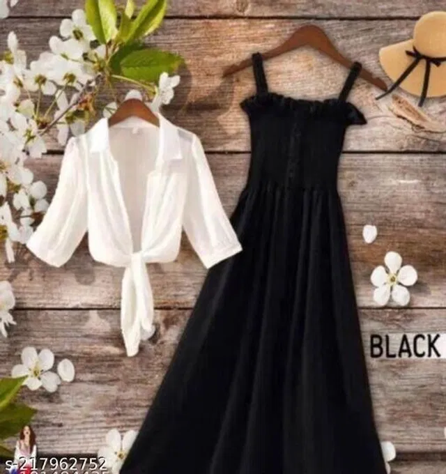 Poly Crepe Dress for Women (Black & White, L)