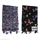 Printed Chiffon Scarves with Tassels for Women, Multicolor, Pack of 2
