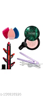 Combo Of Hair Straightener, 3 Pcs Makeup Puffs, Sunisha Foundation & 5 in 1 Lipstick (Multicolor, Set of 4)
