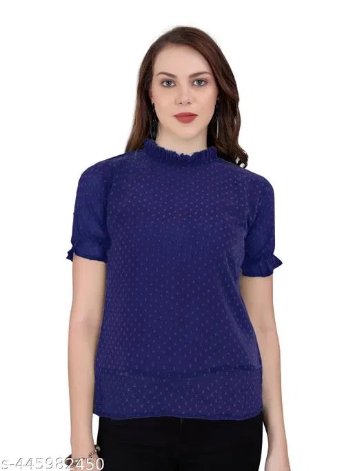 Casual Georgette Top for Women (Blue, XXL)