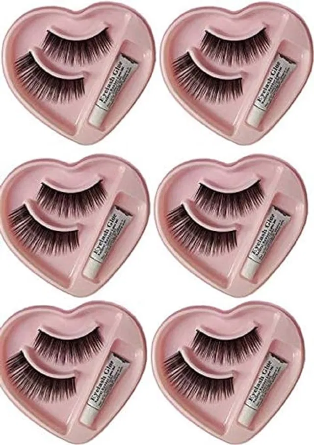 False Eyelashes with Adhesive (Black, Set of 6)