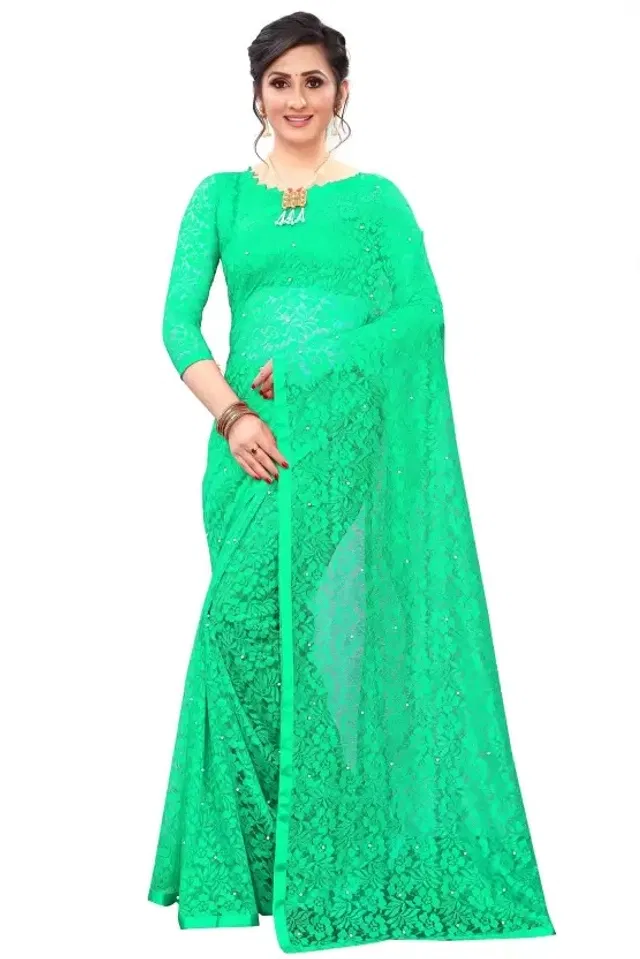 Net Solid Saree for Women (Green, 6.3 m)