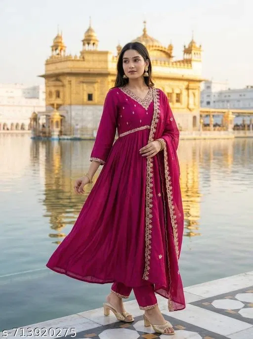 Embroidered Flared Kurta Set for Women (Purple, S)