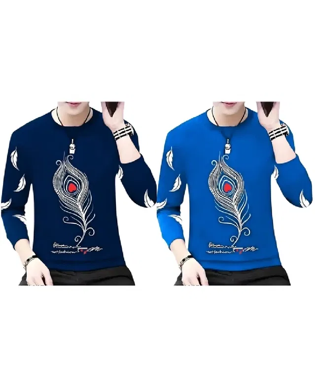 Round Neck Printed T-Shirt for Men (Blue, M) (Pack of 2)