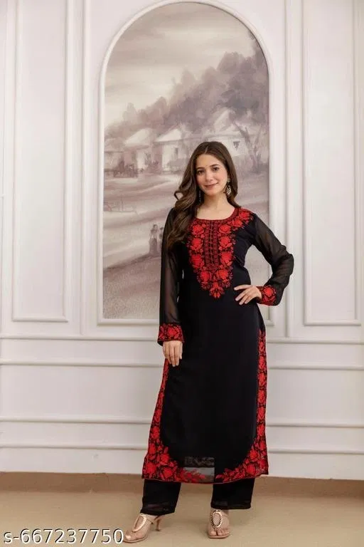 Georgette Embroidered Kurta & Paint & Dupatta Set For Womens, Black (L)