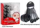 Cake Nozzles (12 Pcs) with 8 Pcs Measuring Cups & Spoons (Silver & Black, Set of 2)