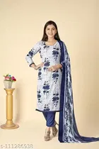 Floral Print Cotton Blend Unstitched Suit Fabric for Women, White & Blue