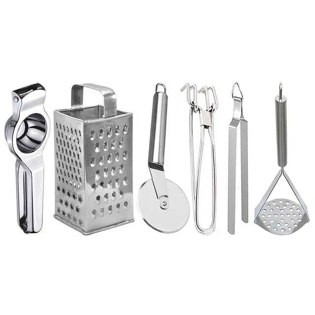 Oc9 Stainless Steel Lemon Squeezer & 4 in 1 Grater Or Slicer & Pizza Cutter & Utility Pakkad & Roti Chimta & Potato Masher Kitchen Tool Set (O-167)