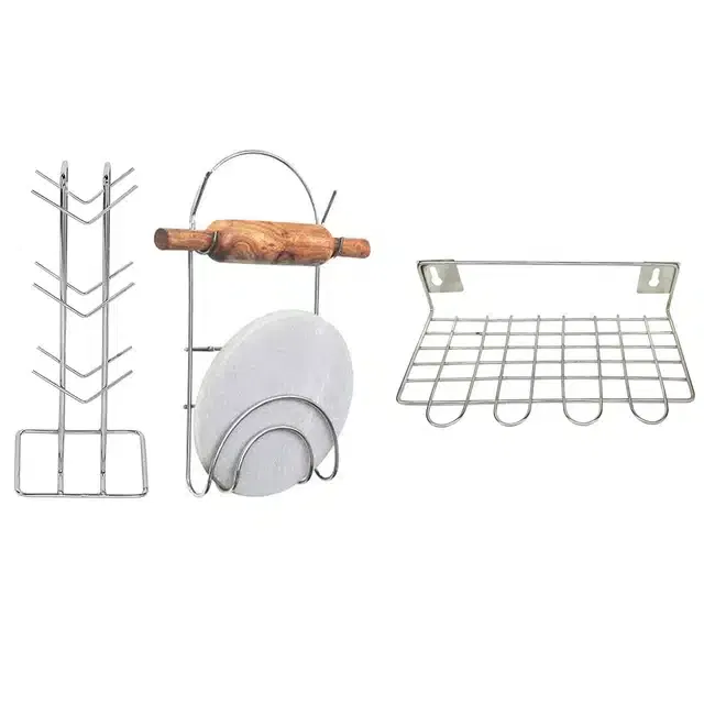 Stainless Steel Cup Stand & Chakla Belan Stand with Utensil Holder (Set of 3, Silver)