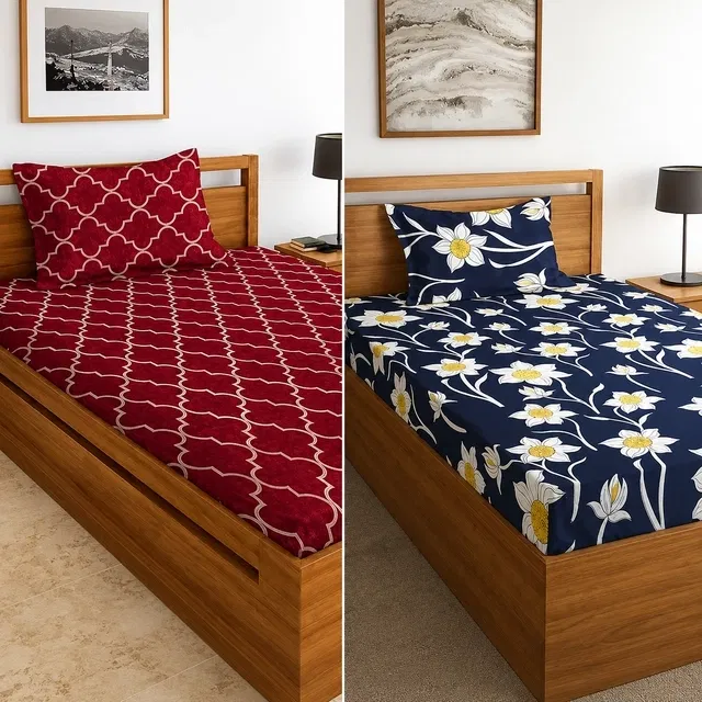 Polycotton Single Bedsheet with Pillow Cover 60x90 Inch (Maroon & Blue) Pack of 2