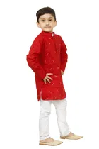 Cotton Blend Embroidery Kurta with Payjama for Boys, Red & White 