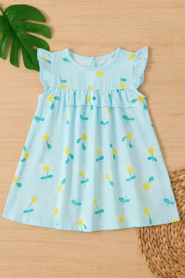 Printed Cotton Frock for Girls (Blue, 3-4 Years)