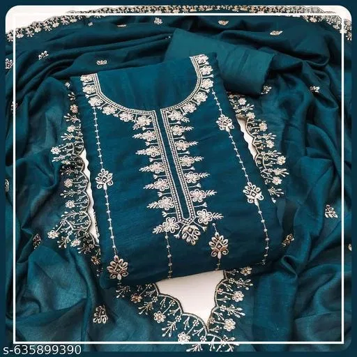Vichitra Silk Embroidered Punjabi/All Over Suits for Women (Blue, 6.25 meter (L)