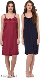 Satin Solid Nightdress for Women, Navy Blue & Dark Pink, Pack of 2 