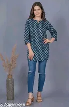 Cotton Printed Short Kurti for Women, Teal 