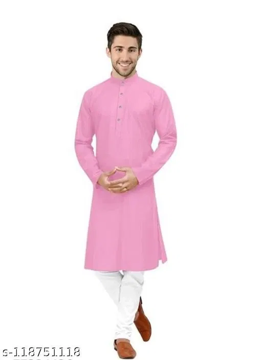 Mandarin Neck Kurta for Men (Pink, M)